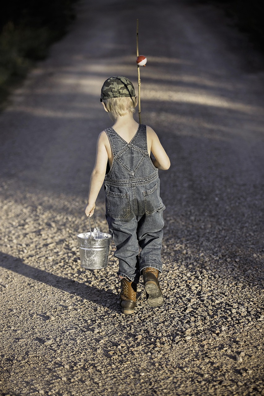 about-us boy, child, fishing rod, bucket, fishing, fisherman, kid, young, small, nature, childhood, walking, summer, adventure, lifestyle, outdoors, back view